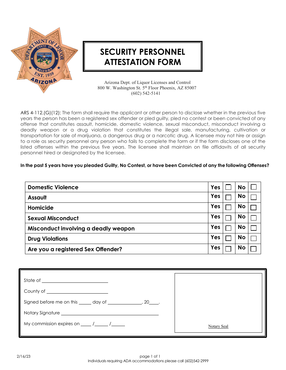 Security Personnel Attestation Form - Arizona, Page 1