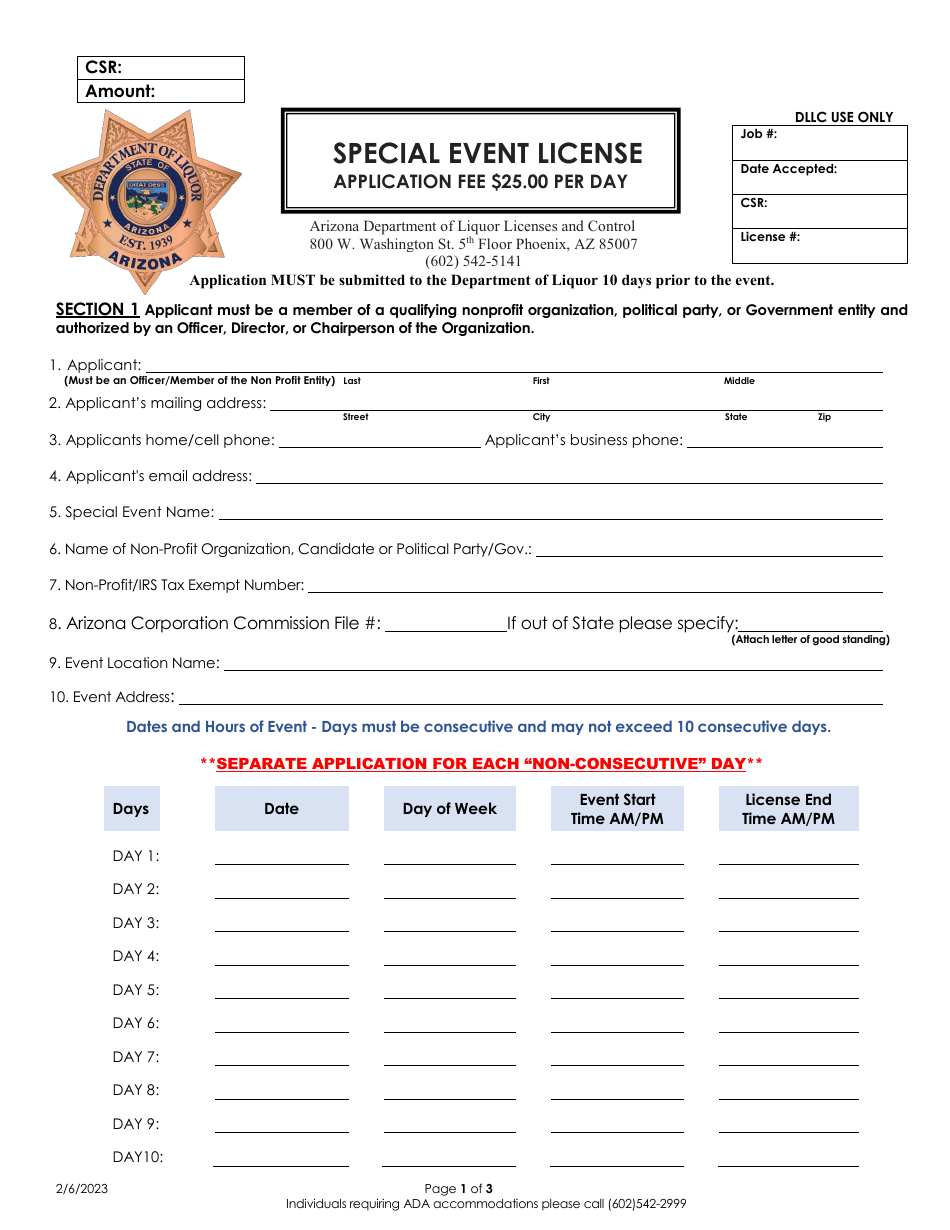 Special Event License - Arizona, Page 1
