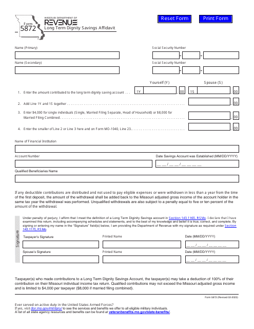 Form 5872 Long Term Dignity Savings Affidavit - Missouri