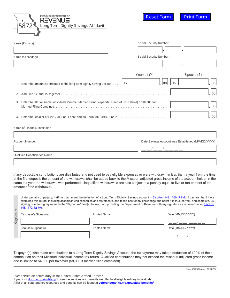 Form 5872 Long Term Dignity Savings Affidavit - Missouri, Page 1