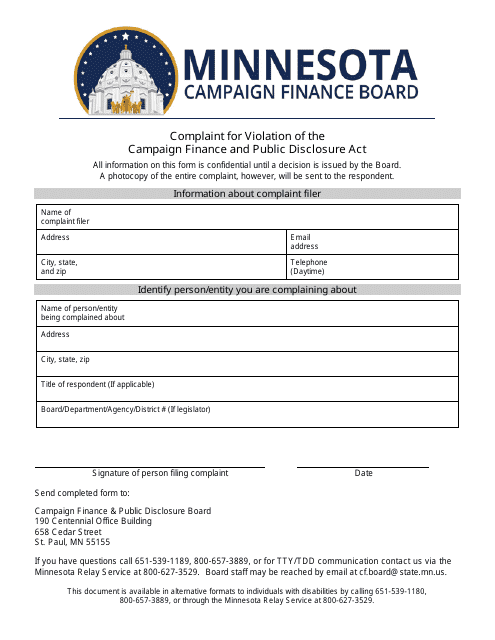Complaint for Violation of the Campaign Finance and Public Disclosure Act - Minnesota Download Pdf