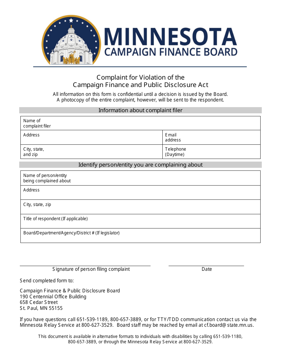 Complaint for Violation of the Campaign Finance and Public Disclosure Act - Minnesota, Page 1