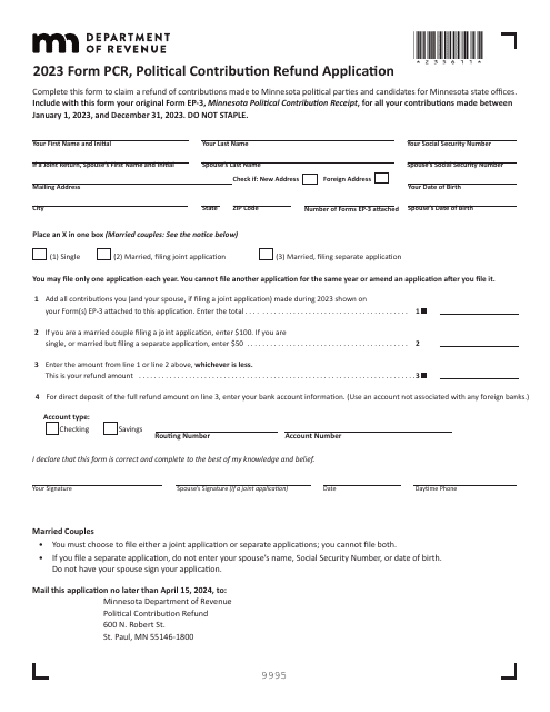 Form PCR Political Contribution Refund Application - Minnesota, 2023