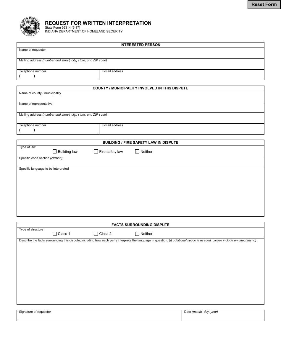 State Form 56314 Request for Written Interpretation - Indiana, Page 1