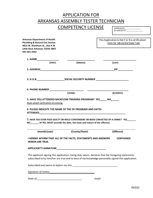 Application for Arkansas Assembly Tester Technician Competency License - Arkansas
