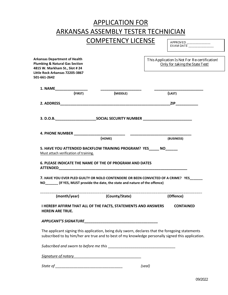 Application for Arkansas Assembly Tester Technician Competency License - Arkansas, Page 1