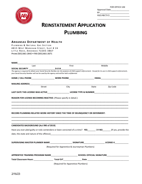 Application for Plumber Reinstatement - Arkansas Download Pdf
