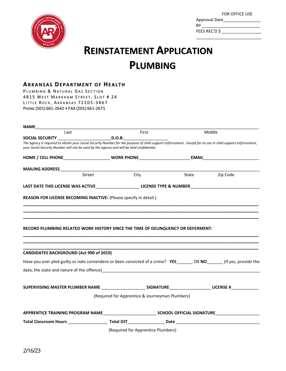 Arkansas Application for Plumber Reinstatement Fill Out, Sign Online