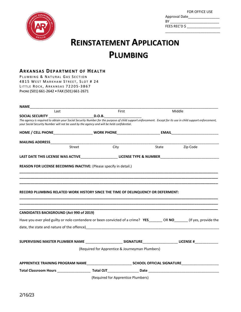 Application for Plumber Reinstatement - Arkansas, Page 1