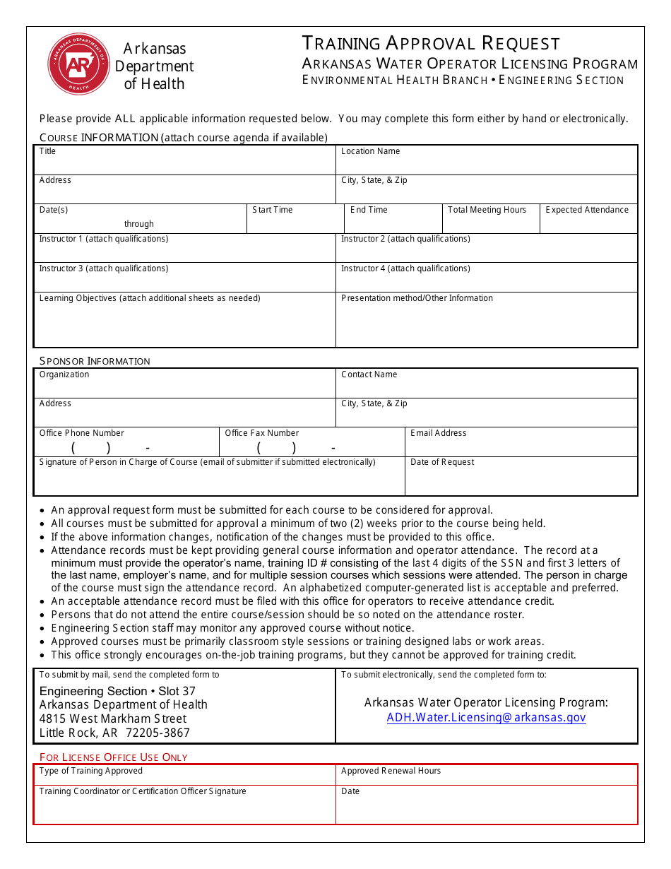 Training Approval Request - Arkansas Water Operator Licensing Program - Arkansas, Page 1