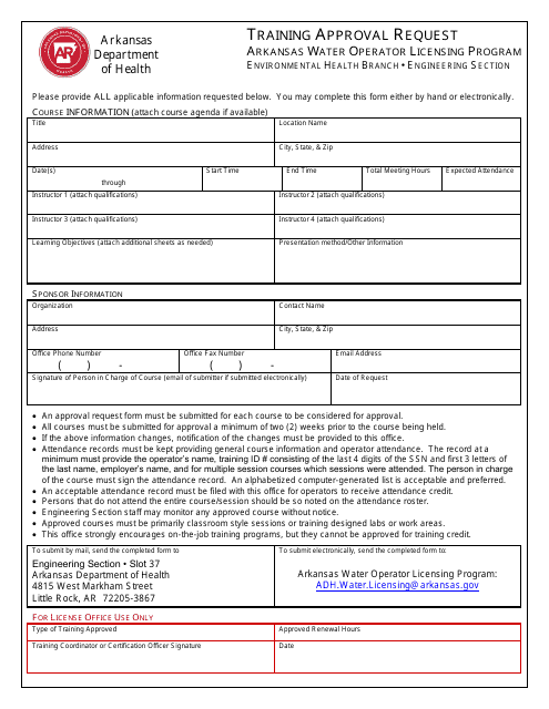 Training Approval Request - Arkansas Water Operator Licensing Program - Arkansas Download Pdf