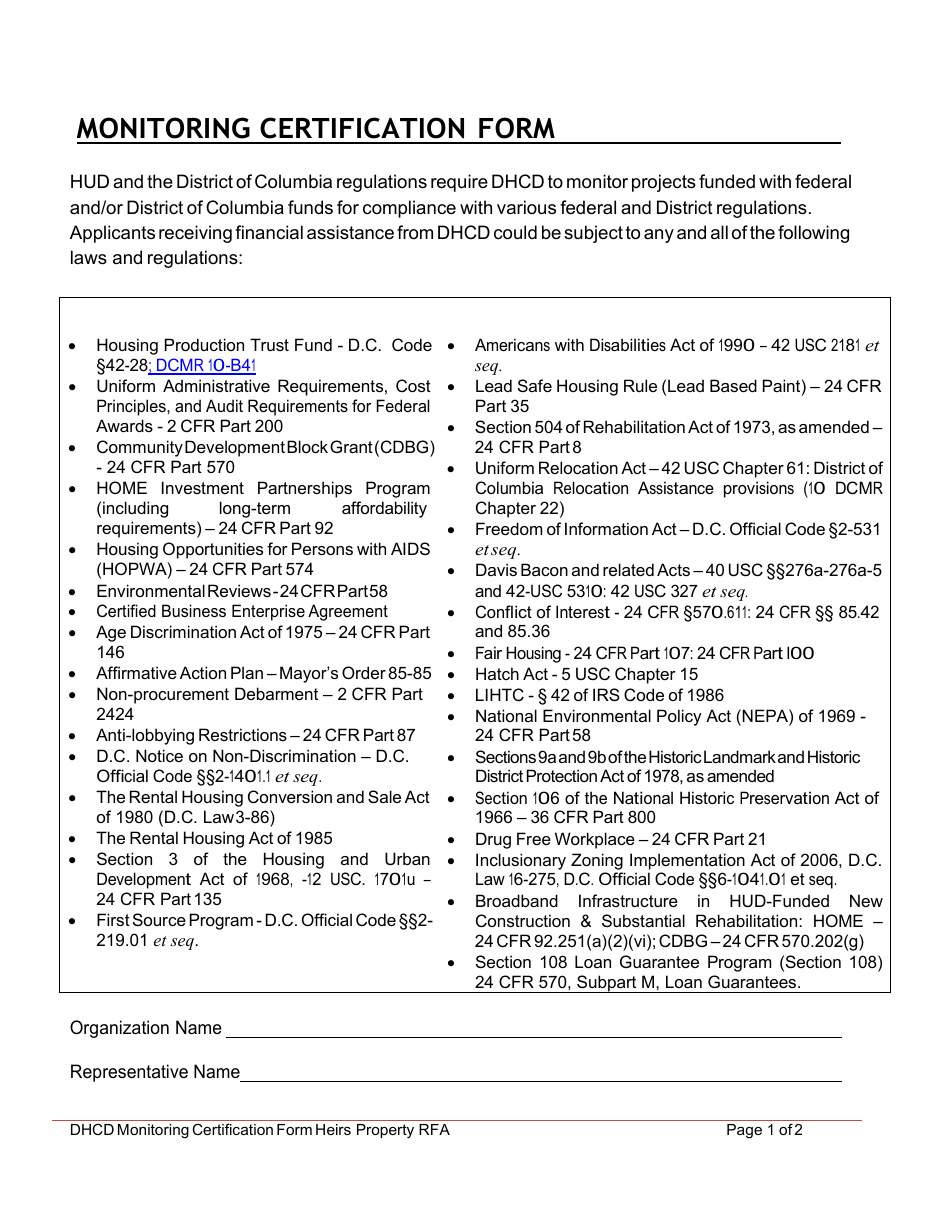 Monitoring Certification Form - Washington, D.C., Page 1