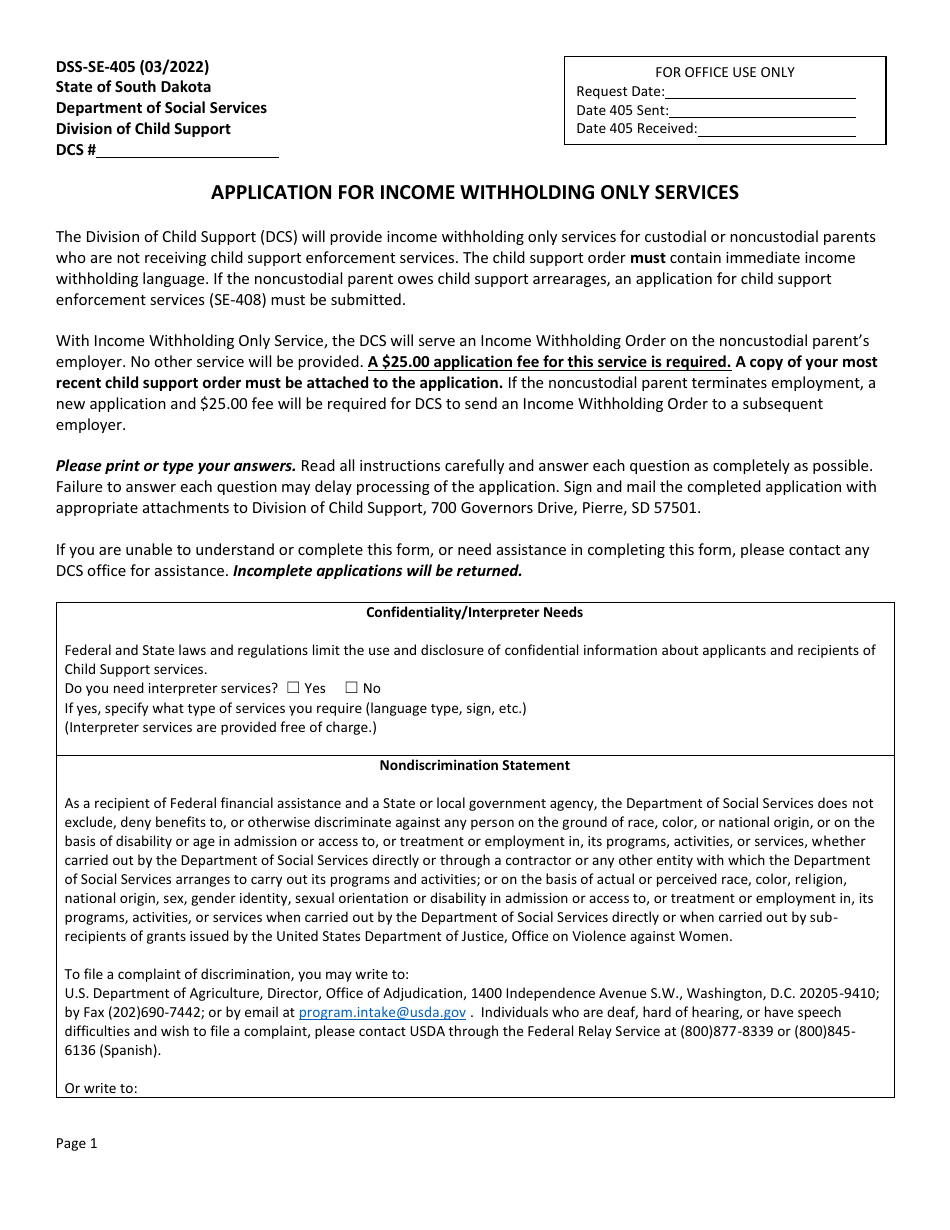 Form DSS-SE-405 Application for Income Withholding Only Services - South Dakota, Page 1