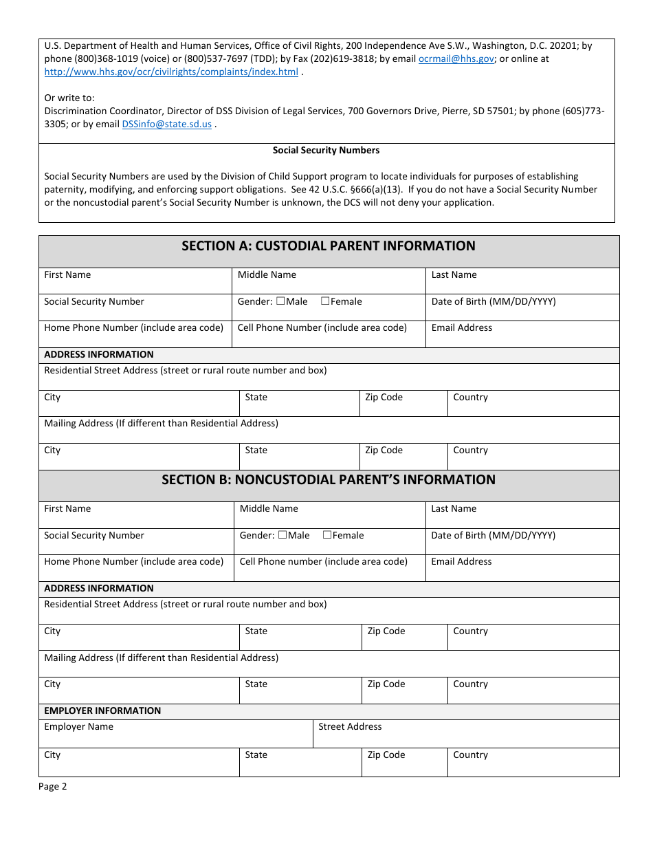 Form DSS-SE-405 Application for Income Withholding Only Services - South Dakota, Page 2