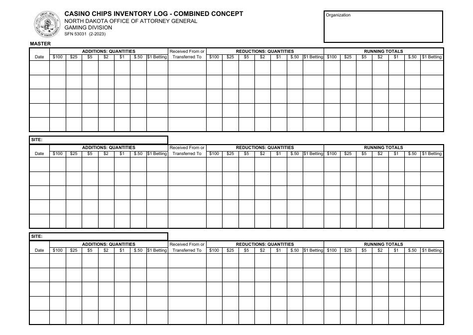 Form SFN53031 Casino Chips Inventory Log - Combined Concept - North Dakota, Page 1
