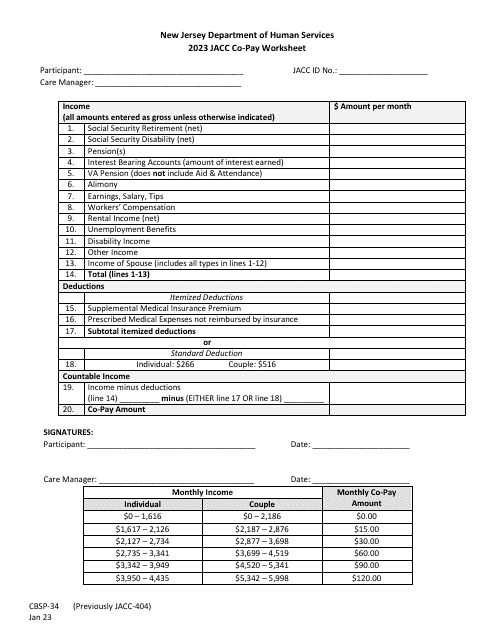 Form CBSP-34 Jacc Co-pay Worksheet - New Jersey, 2023
