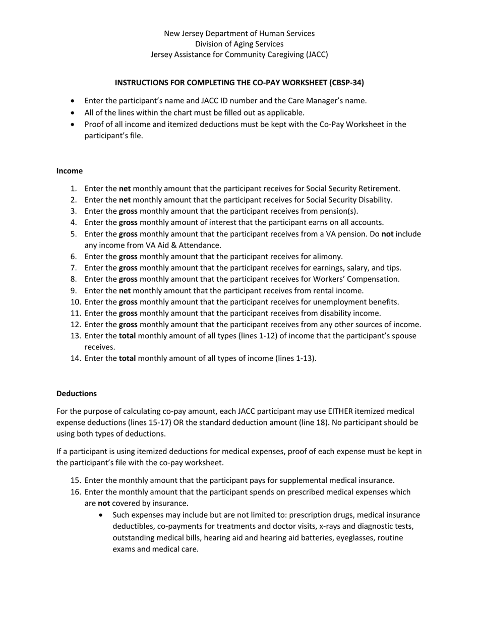 Instructions for Form CBSP-34 Jacc Co-pay Worksheet - New Jersey, Page 1