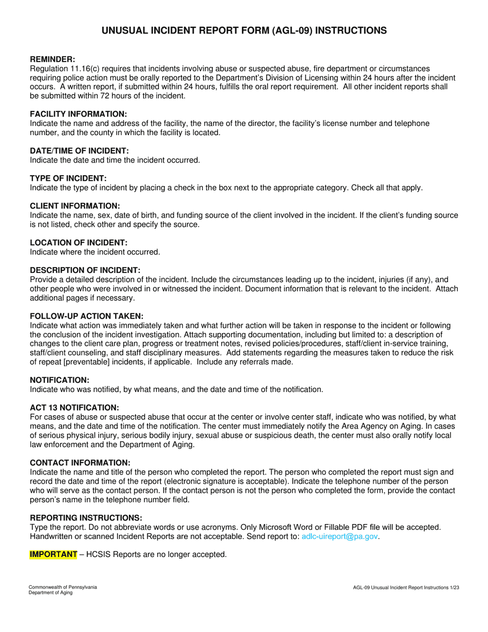 Instructions for Form AGL-09 Older Adult Daily Living Center Unusual Incident Report - Pennsylvania, Page 1