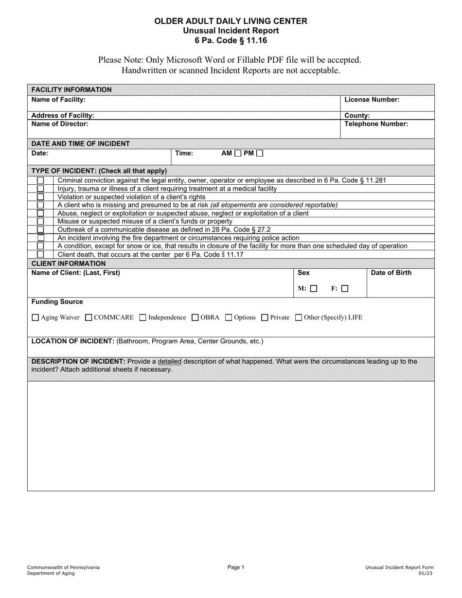 Form AGL-09 Older Adult Daily Living Center Unusual Incident Report - Pennsylvania, Page 1