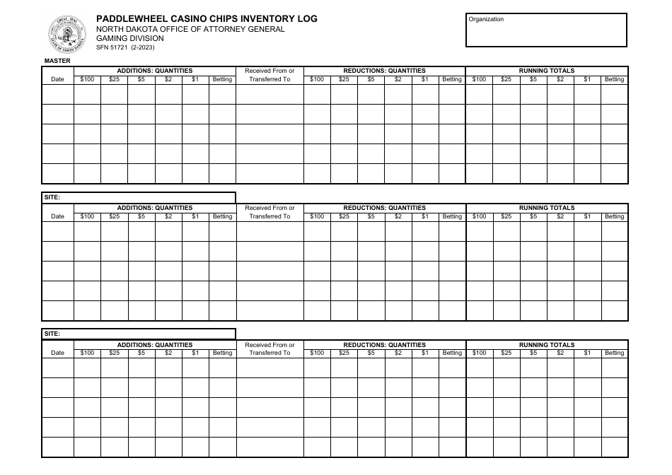 Form SFN51721 Paddlewheel Casino Chips Inventory Log - North Dakota, Page 1