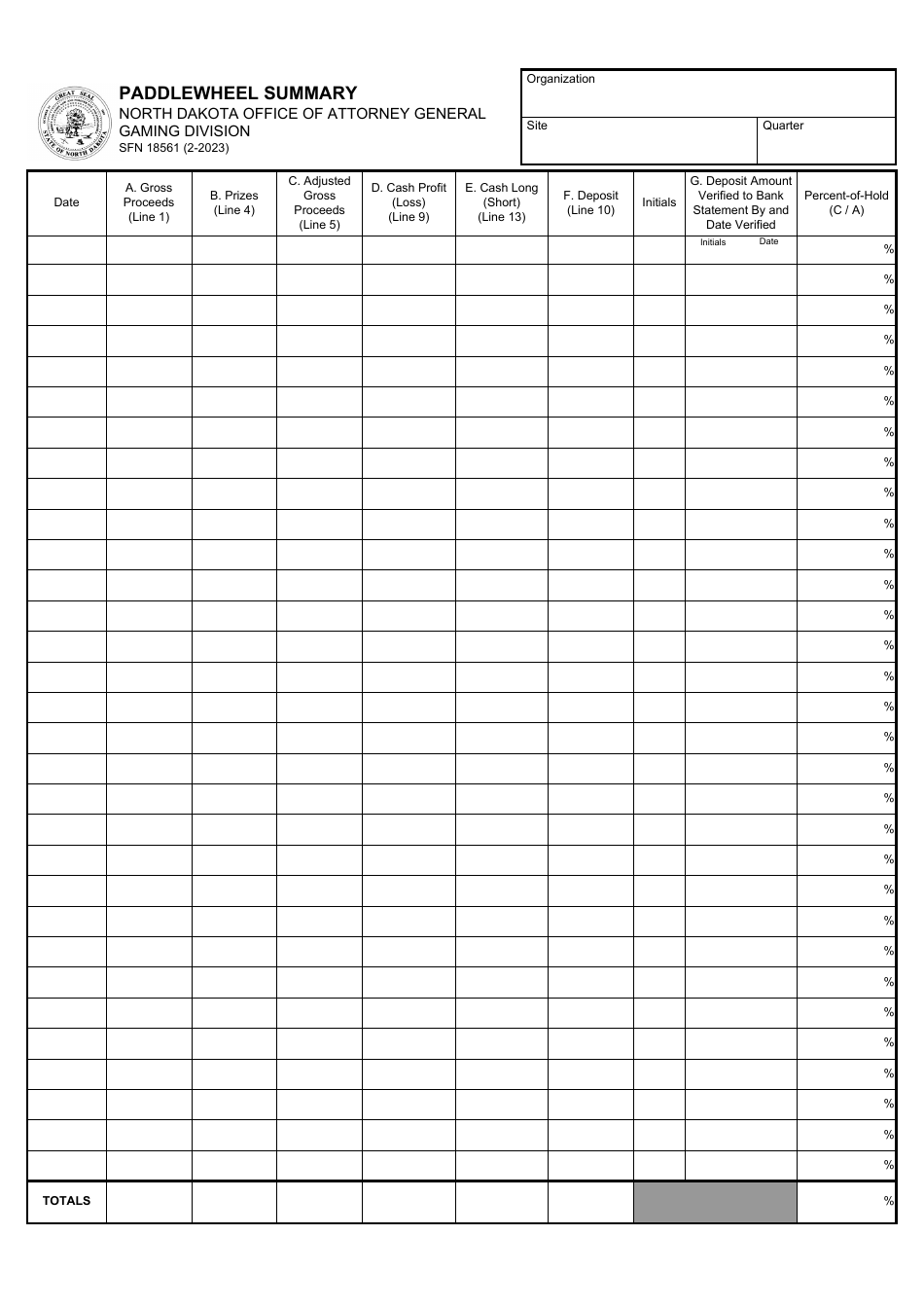 Form SFN18561 Paddlewheel Summary - North Dakota, Page 1