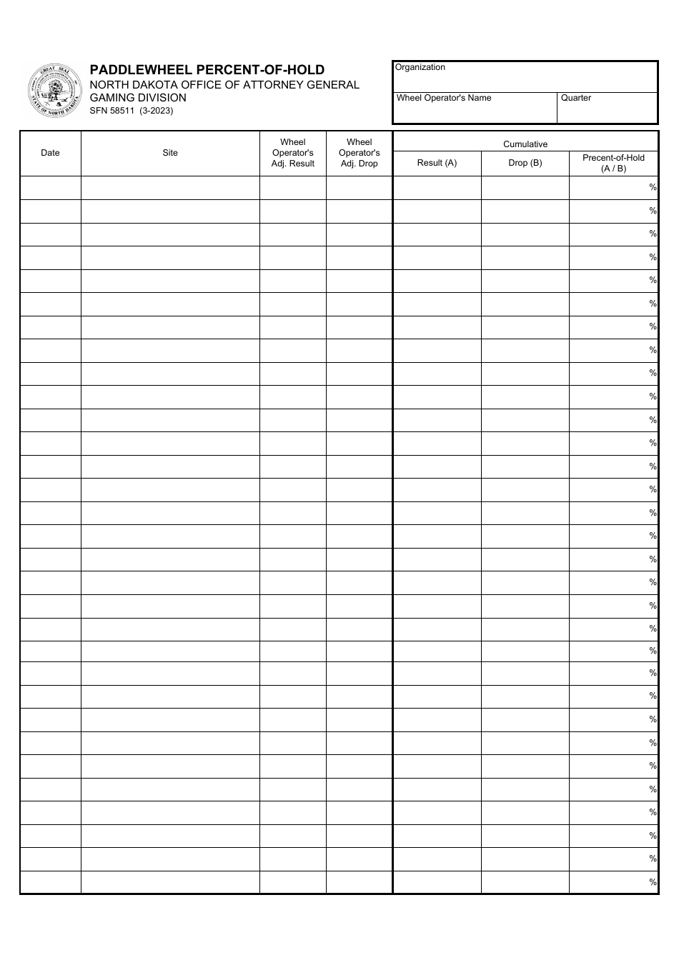 Form SFN58511 Paddlewheel Percent-Of-Hold - North Dakota, Page 1