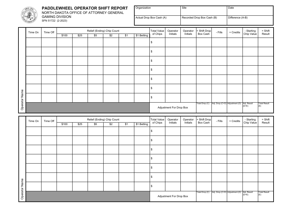 Form SFN51722 Paddlewheel Operator Shift Report - North Dakota, Page 1