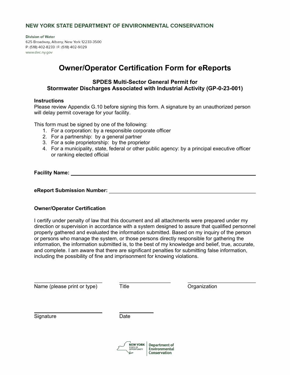 Owner / Operator Certification Form for Ereports - Spdes Multi-Sector General Permit for Stormwater Discharges Associated With Industrial Activity (Gp-0-23-001) - New York, Page 1