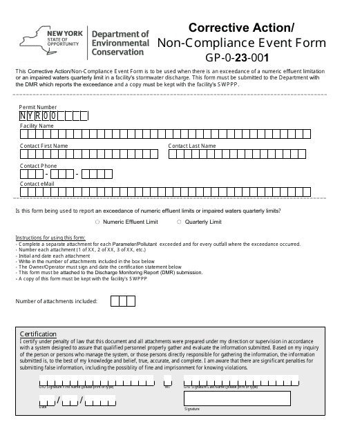 Corrective Action / Non-compliance Event Form - Gp-0-23-001 - New York Download Pdf