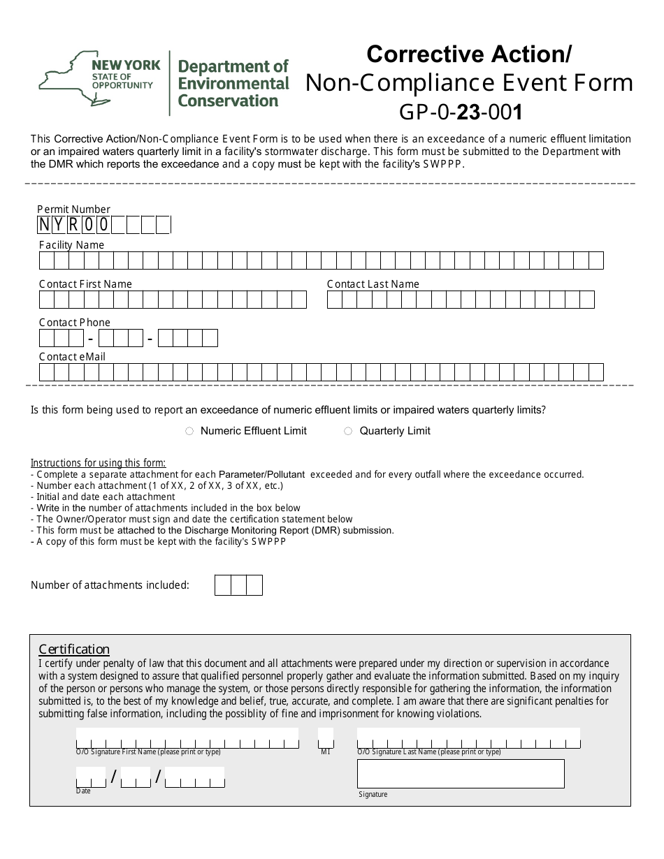 Corrective Action / Non-compliance Event Form - Gp-0-23-001 - New York, Page 1