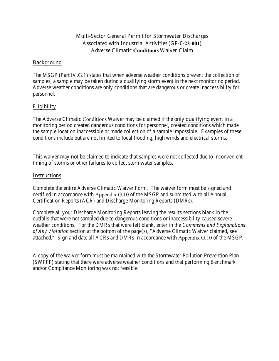 Adverse Climatic Conditions Waiver - Multi-Sector Gp-0-23-001 - New York, Page 1