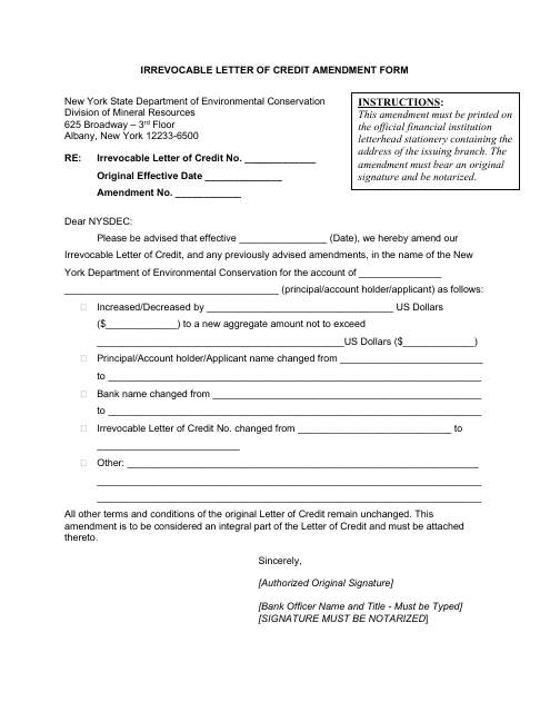 Irrevocable Letter of Credit Amendment Form - New York Download Pdf