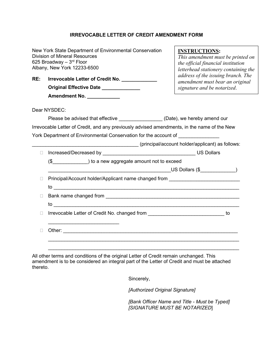 Irrevocable Letter of Credit Amendment Form - New York, Page 1