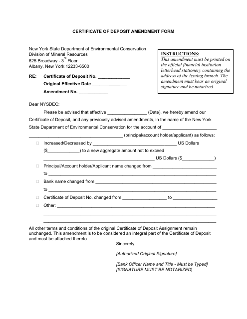 Certificate of Deposit Amendment Form - New York