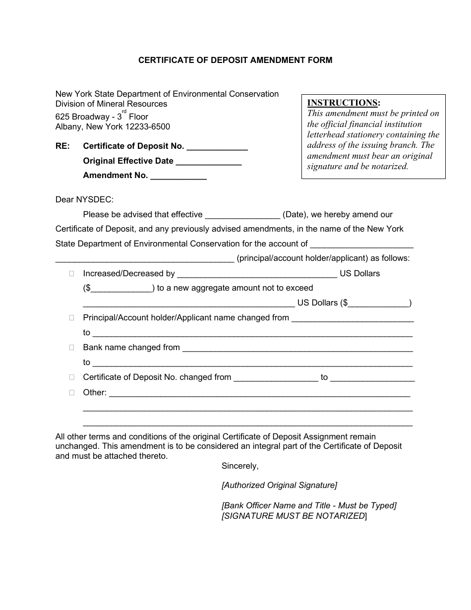 Certificate of Deposit Amendment Form - New York, Page 1