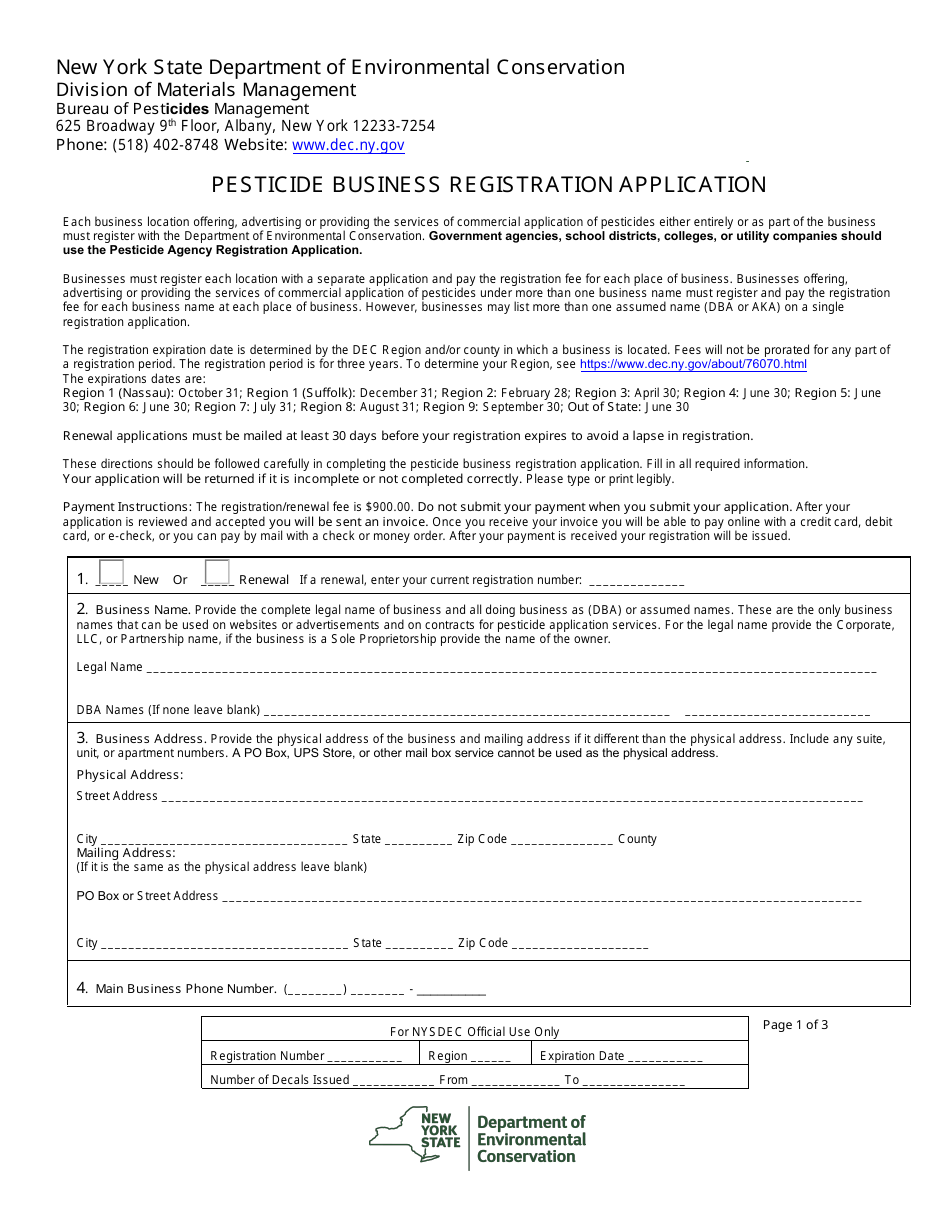 Pesticide Business Registration Application - New York, Page 1