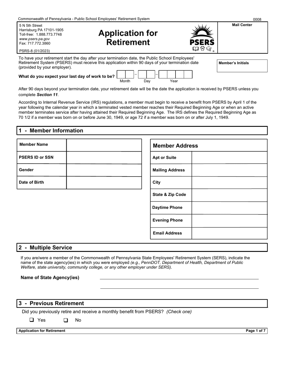 Form PSRS-8 Application for Retirement - Pennsylvania, Page 3