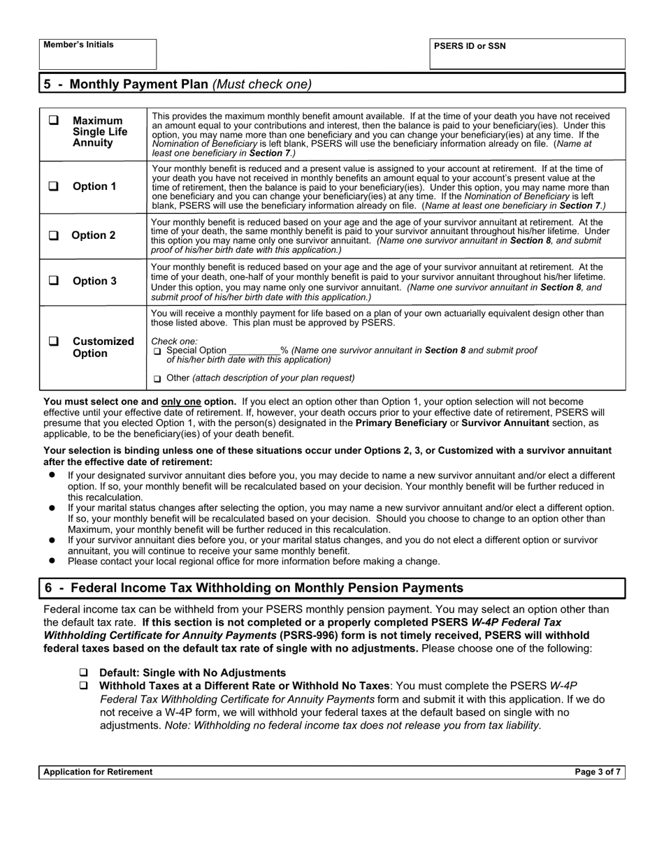Form PSRS-8 Application for Retirement - Pennsylvania, Page 5