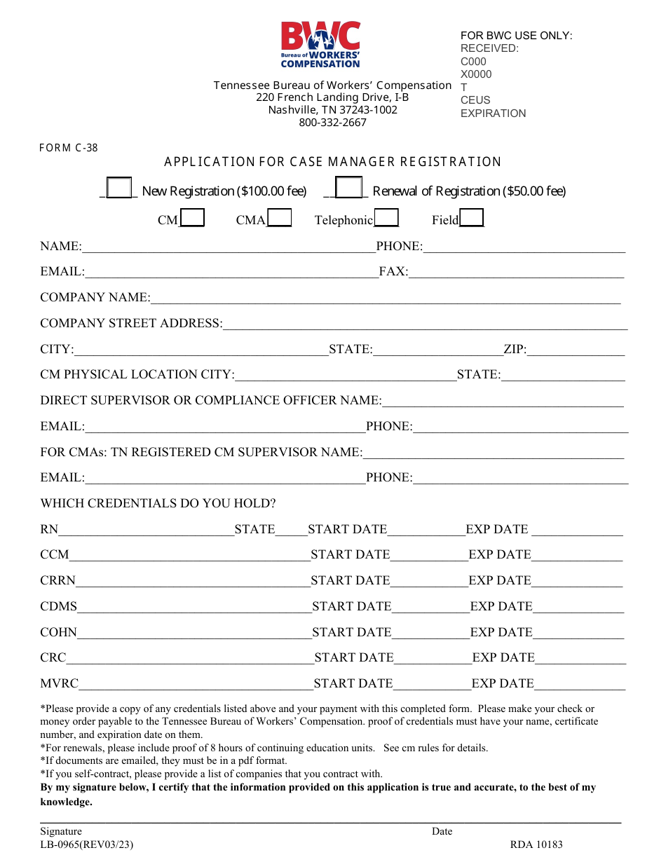 Form C-38 (LB-0965) Application for Case Manager Registration - Tennessee, Page 1