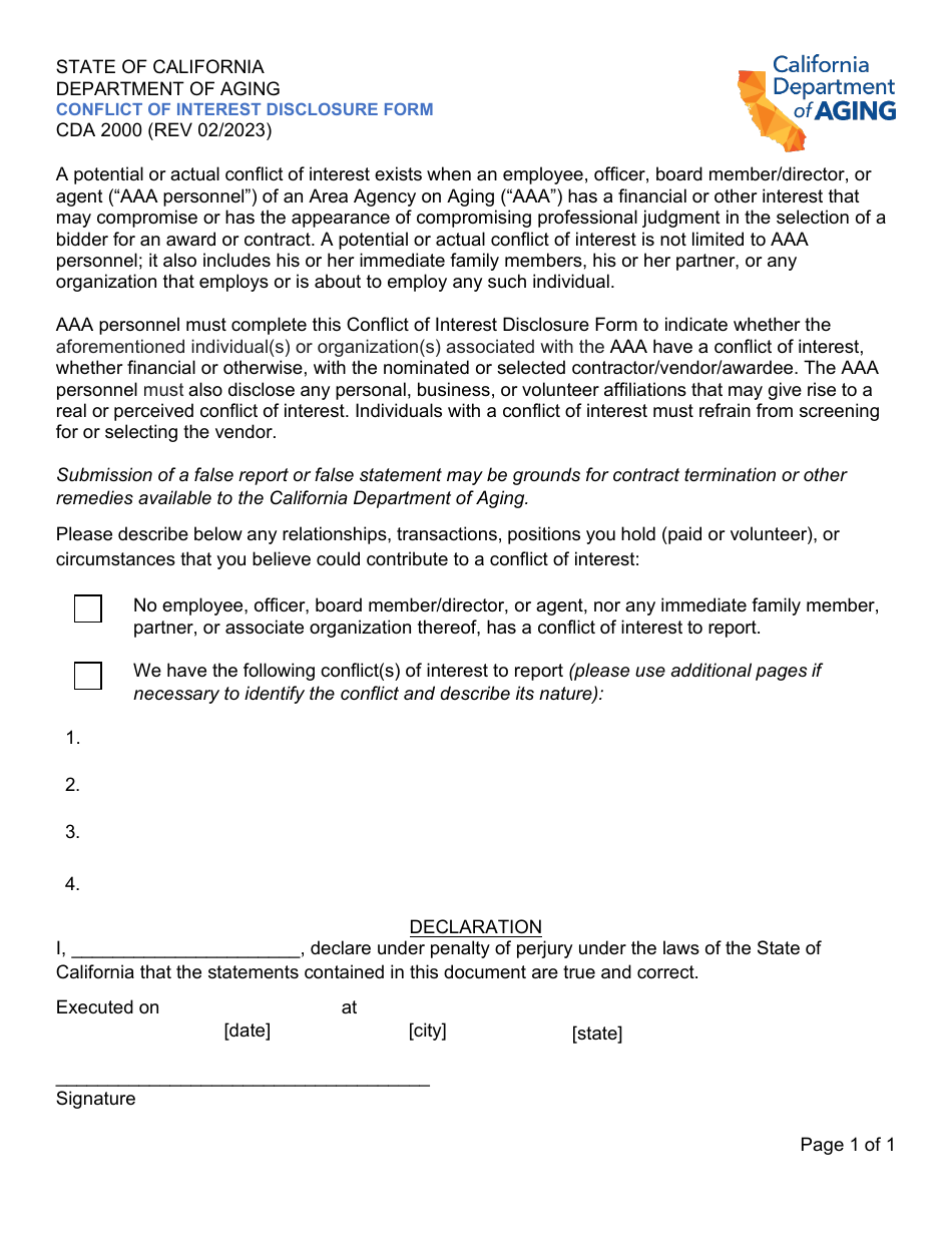 Form CDA2000 Conflict of Interest Disclosure Form - California, Page 1