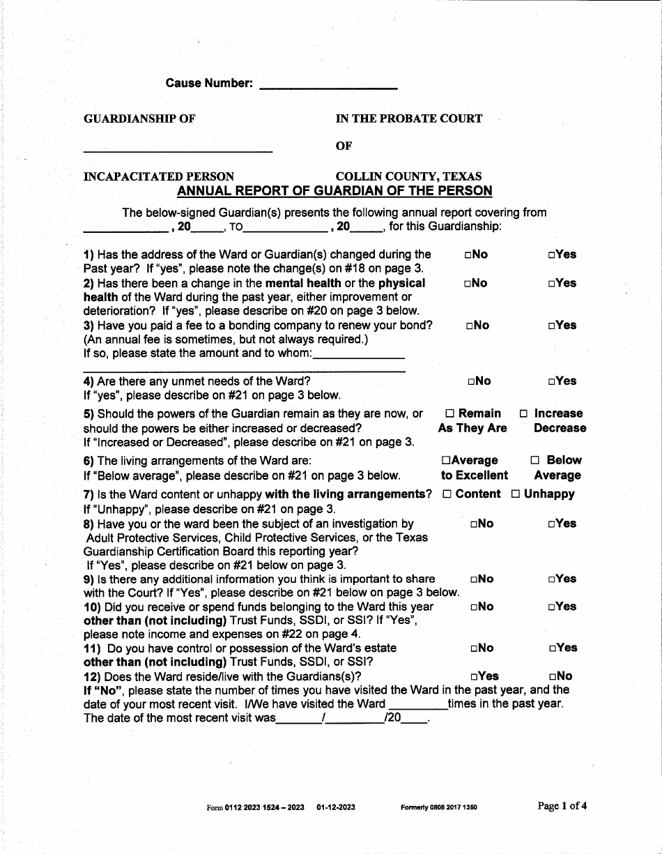 Form 0112 Annual Report of Guardian of the Person - Collin County, Texas, Page 1