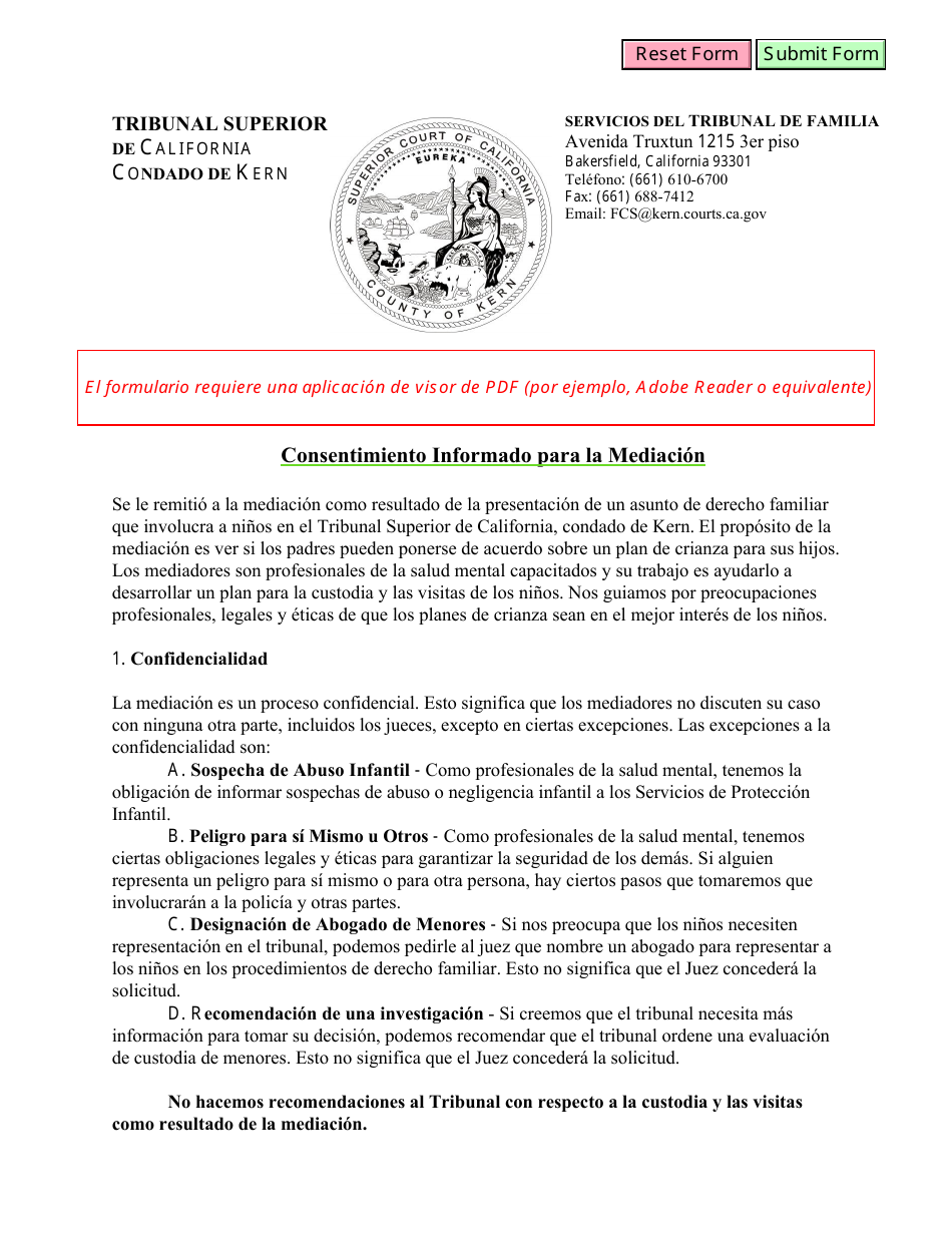 Consentimiento Informado Para La Mediacion - County of Kern, California (Spanish), Page 1