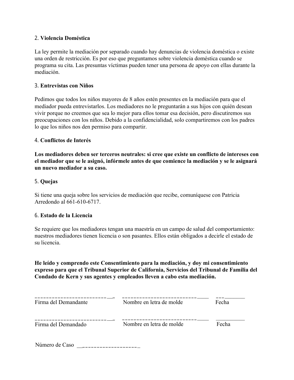 Consentimiento Informado Para La Mediacion - County of Kern, California (Spanish), Page 2