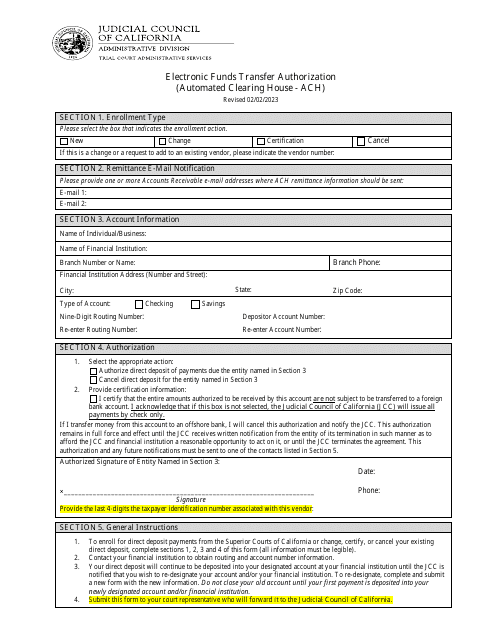 Electronic Funds Transfer Authorization (Automated Clearing House - ACH) - County of Kern, California Download Pdf