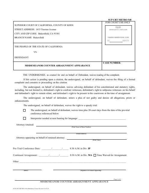 Form SUP CRT METRO548  Printable Pdf