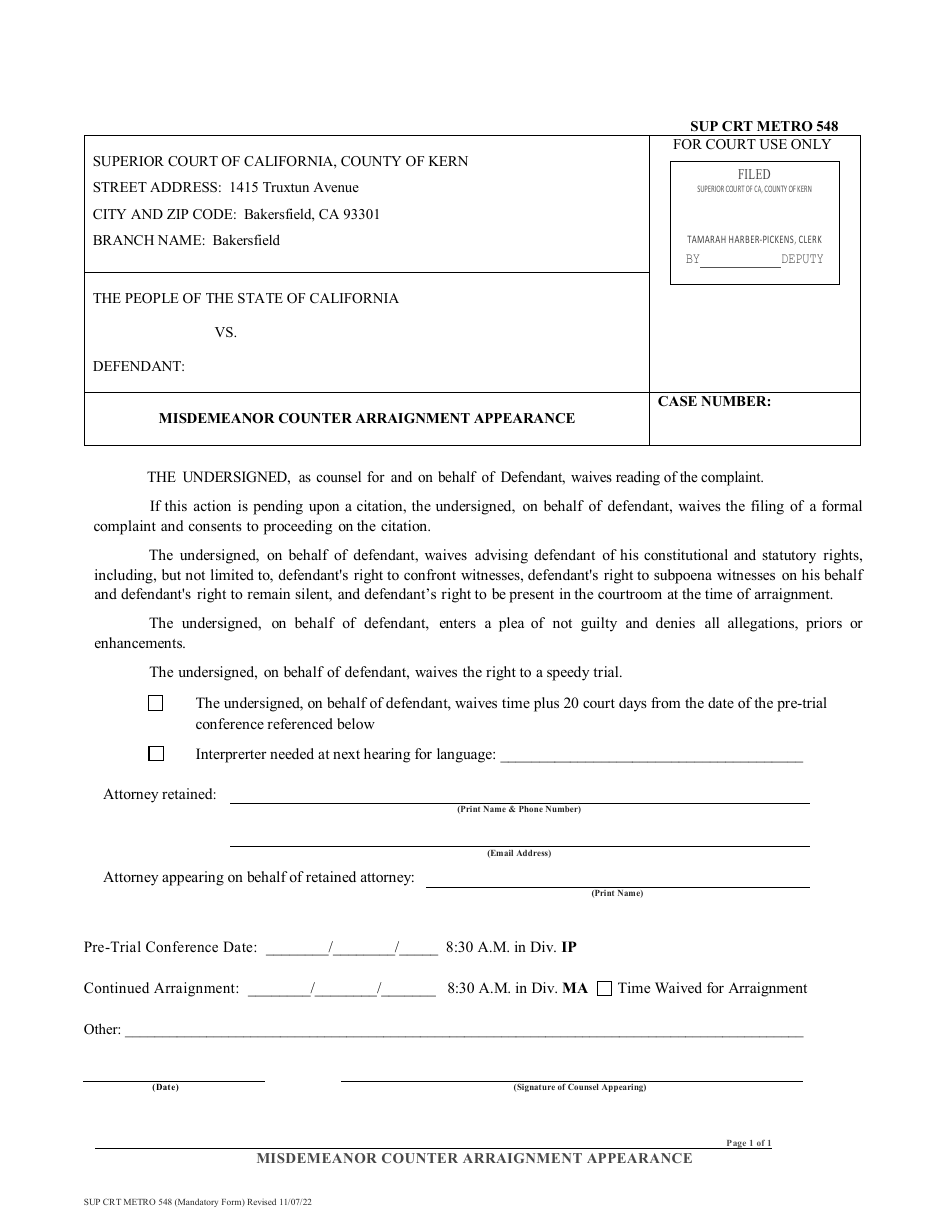 Form SUP CRT METRO548 Misdemeanor Counter Arraignment Appearance - County of Kern, California, Page 1