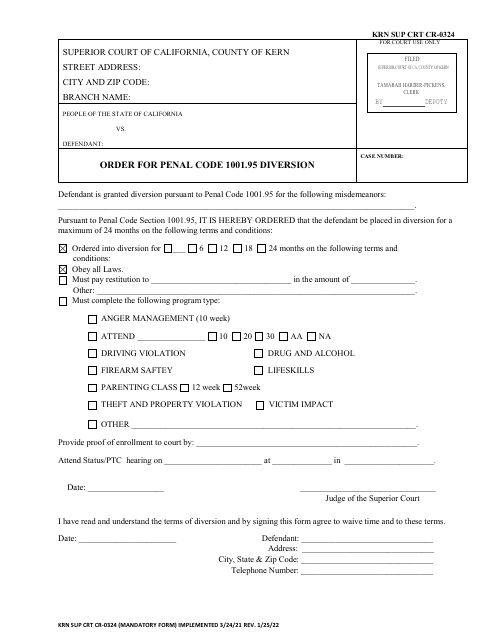 Form KRN SUP CRT CR-0324 Order for Penal Code 1001.95 Diversion - County of Kern, California