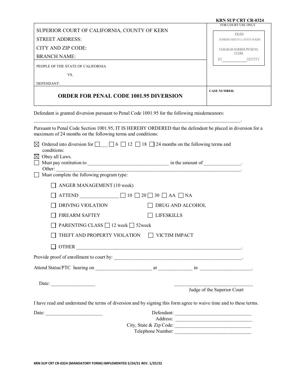 Form KRN SUP CRT CR-0324 Order for Penal Code 1001.95 Diversion - County of Kern, California, Page 1