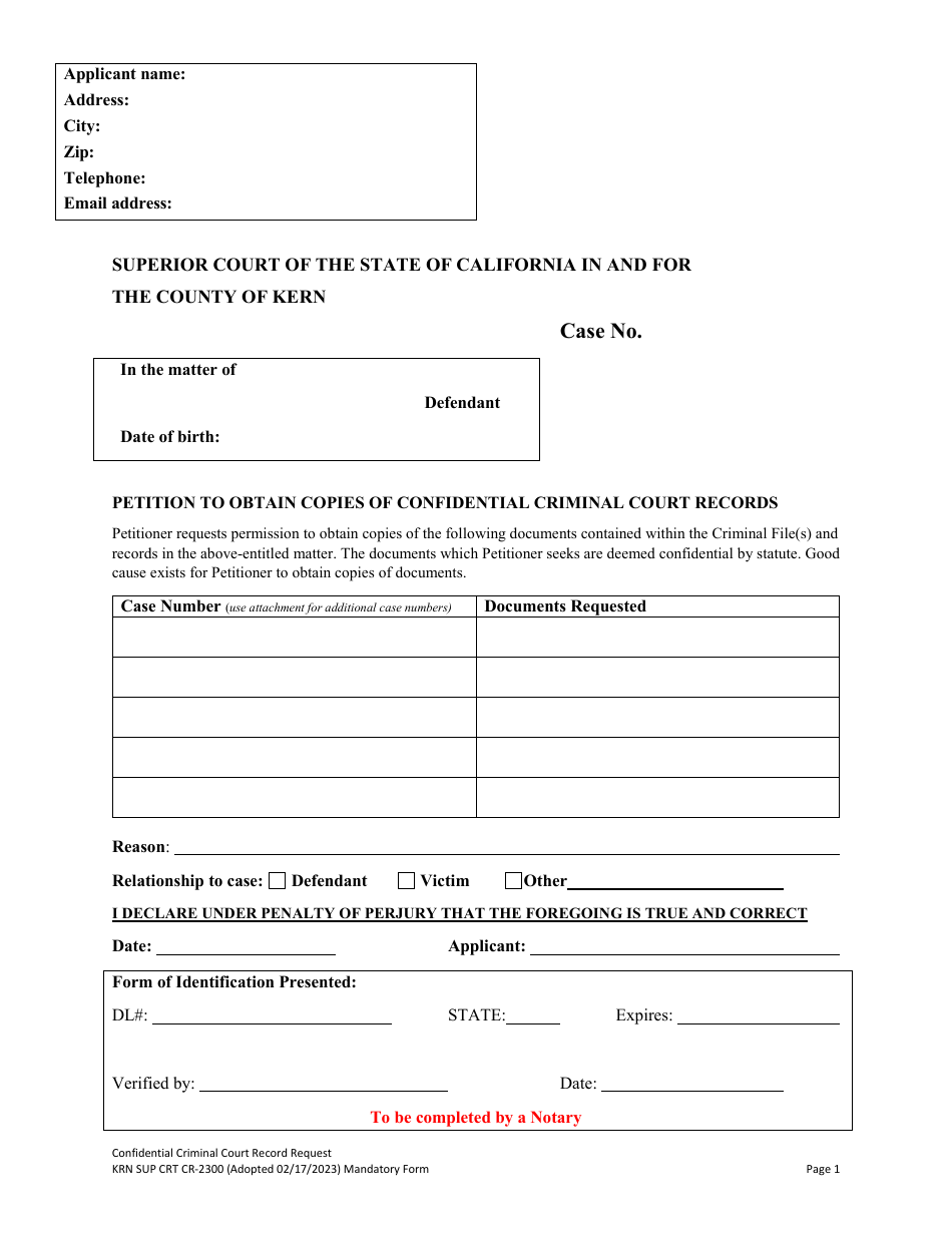 Form KRN SUP CRT CR-2300 Petition to Obtain Copies of Confidential Criminal Court Records - County of Kern, California, Page 1