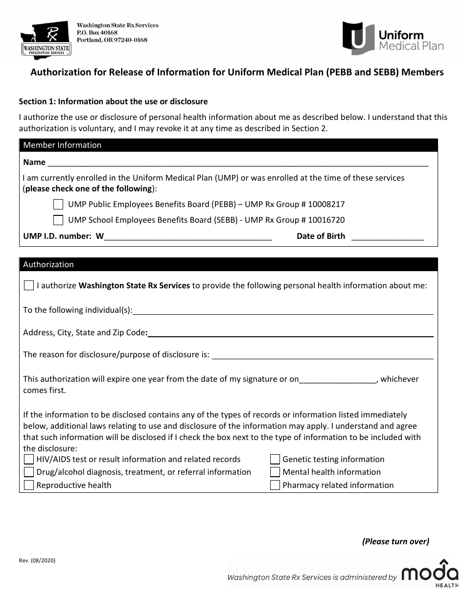 Authorization for Release of Information for Uniform Medical Plan (Pebb and Sebb) Members - Washington, Page 1
